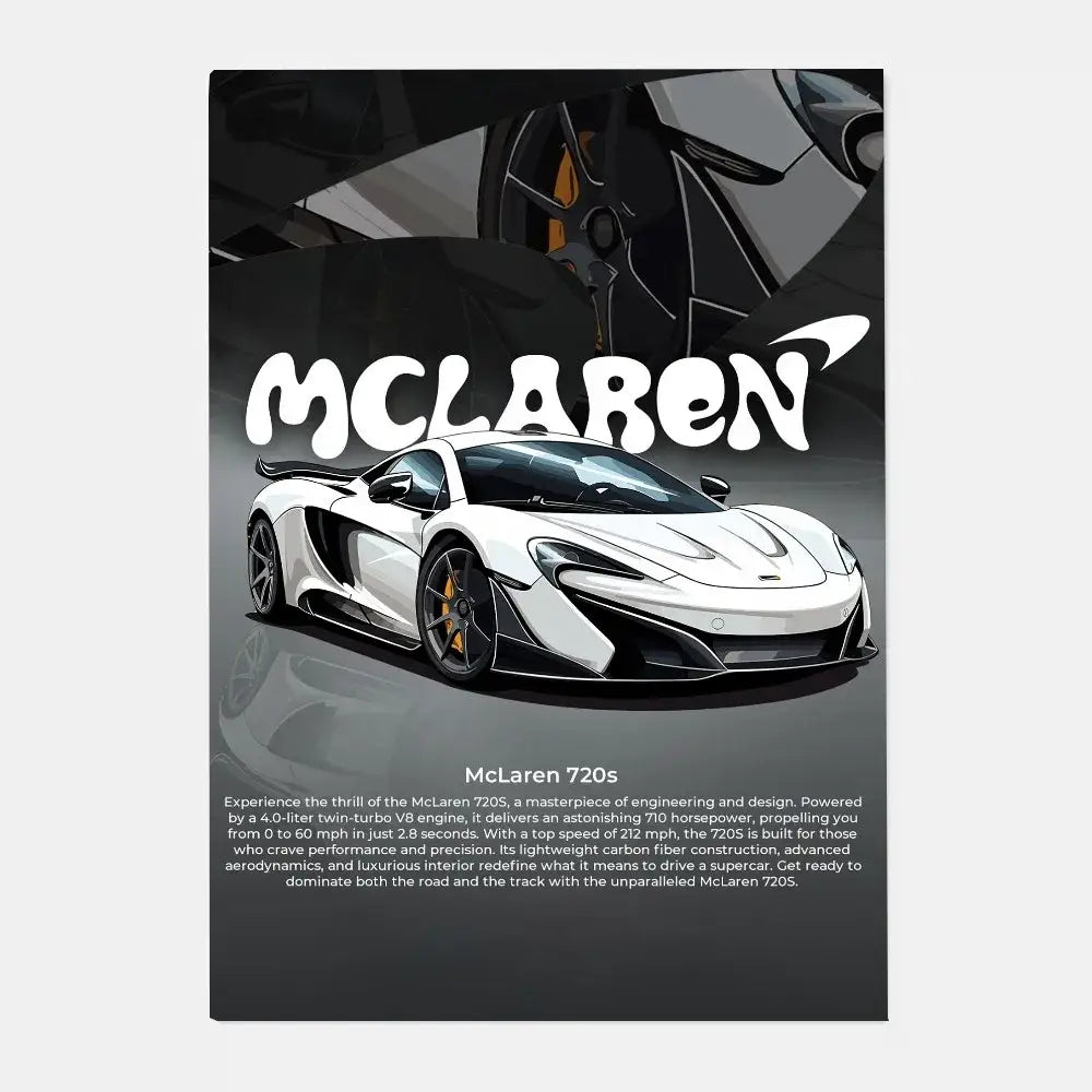 White mclaren 720s with black accents and gold rims featured in DecorBites™ mclaren p1 gtr luxury poster for living room decor