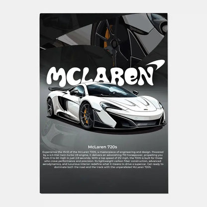 White mclaren 720s with black accents and gold rims featured in DecorBites™ mclaren p1 gtr luxury poster for living room decor
