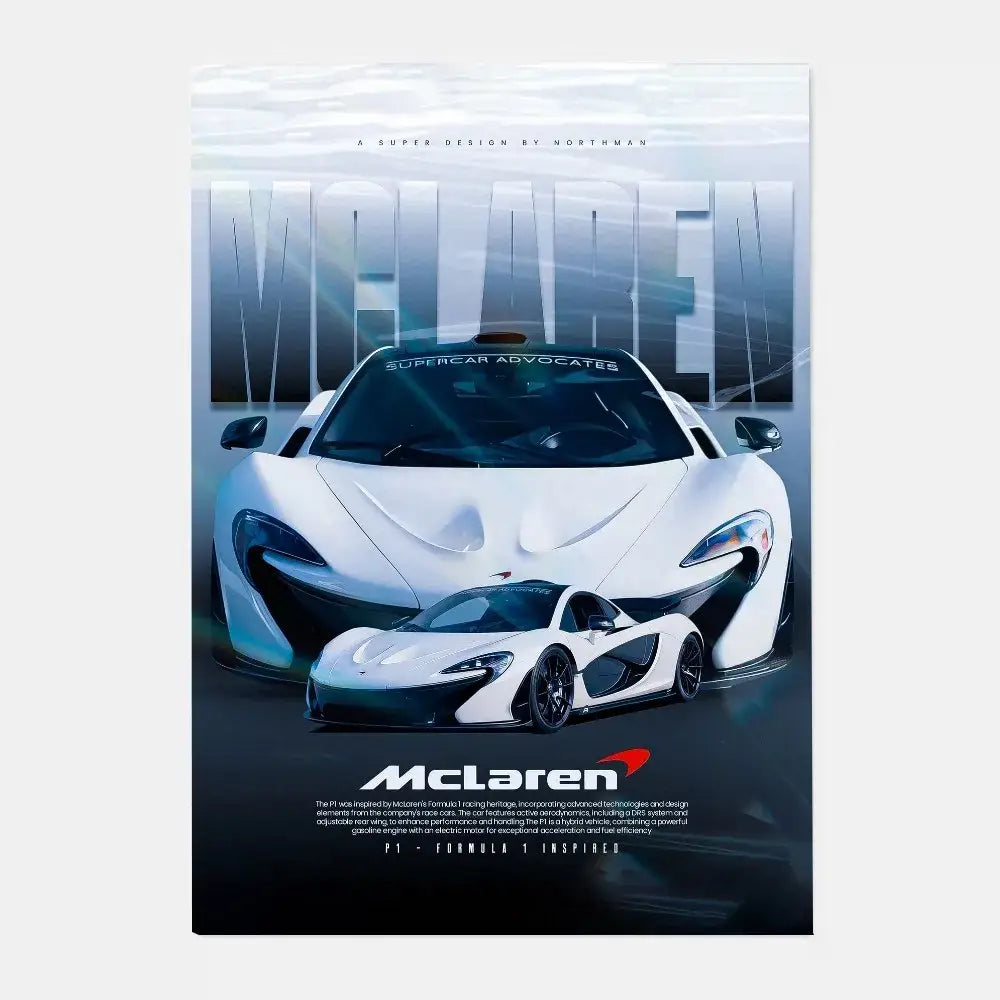 White mclaren p1 gtr luxury poster featuring sleek aerodynamic design and bold black accents for living room decor