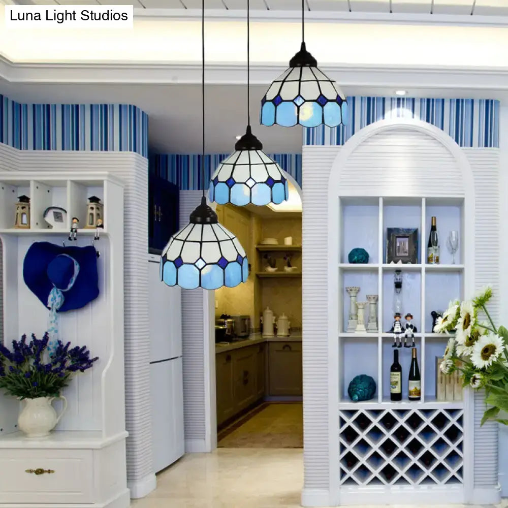 Three hanging mediterranean cut glass pendant bowl hanging light fixture with blue and white stained glass shades