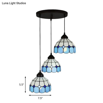 Three-tiered mediterranean cut glass blue and white bowl hanging light fixture by decorbites for bedrooms