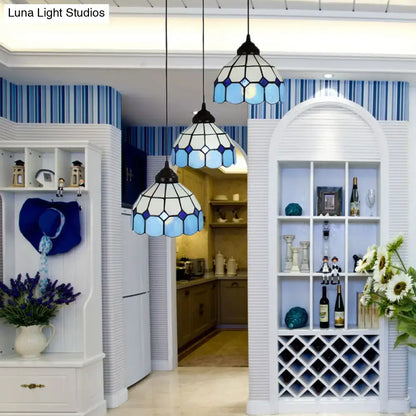 Three hanging pendant lights with mediterranean cut glass blue and white stained bowl hanging light fixture for bedrooms