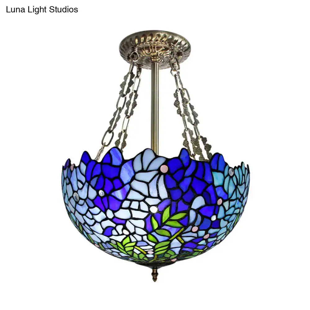 Decorbites™ mediterranean stained glass 3-headed blue floral pendant light with e26 e27 bulb sockets, 220v-240v 110v-120v