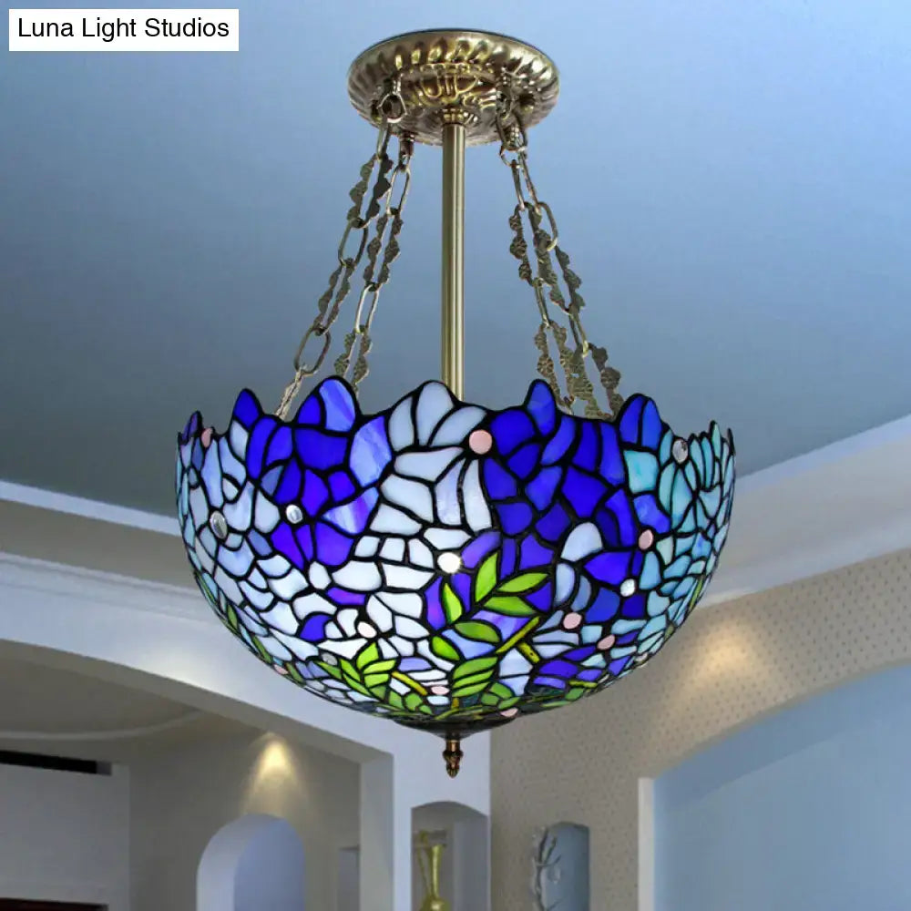 DecorBites™ Mediterranean stained glass 3-headed blue semi-flush dome ceiling light with e26 e27 sockets 220v-240v 110v-120v