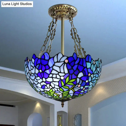 DecorBites™ Mediterranean stained glass 3-headed blue semi-flush dome ceiling light with e26 e27 sockets 220v-240v 110v-120v