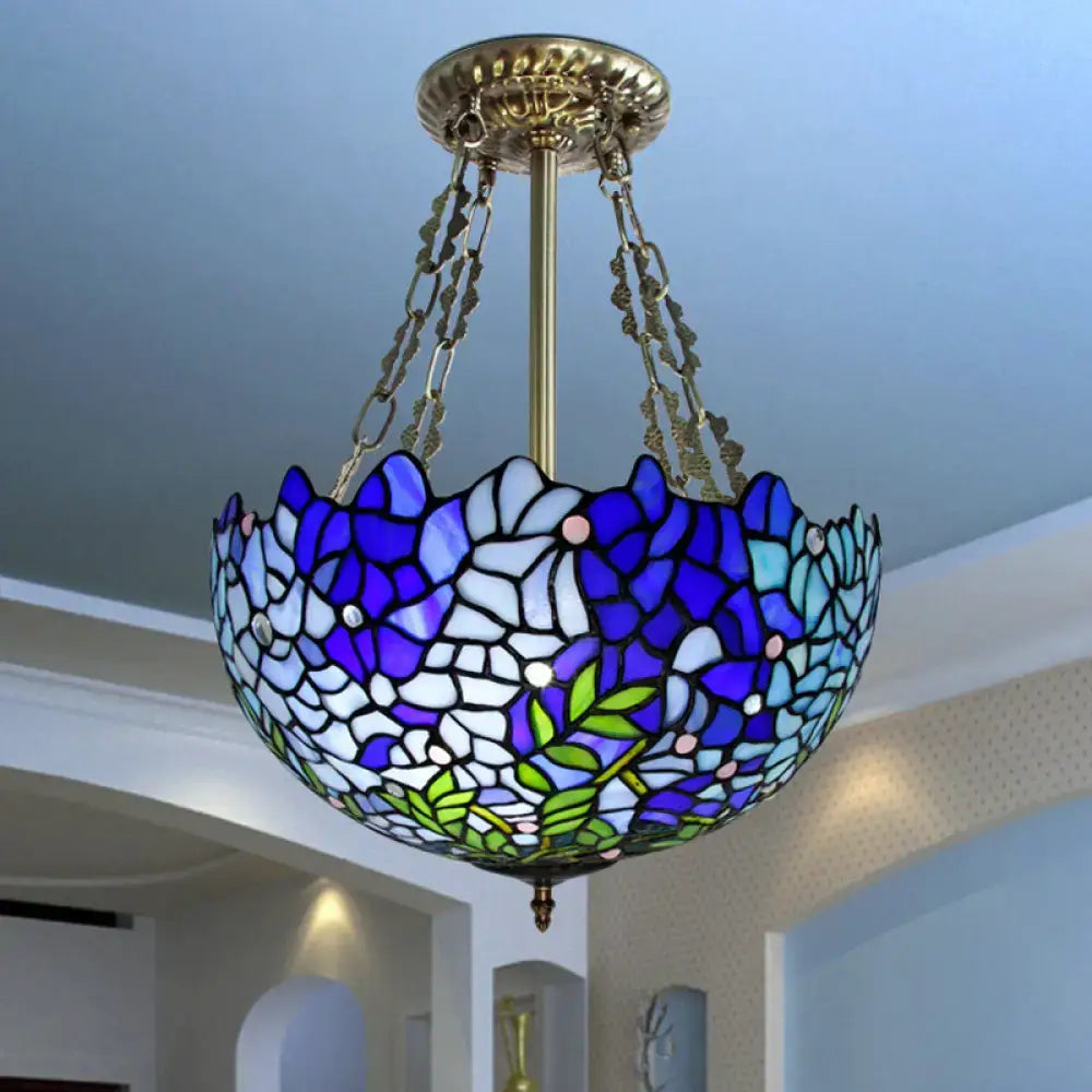 Decorbites mediterranean stained glass 3-headed blue semi-flush dome ceiling light with vibrant floral stained glass e26 e27 220v-240v 110v-120v