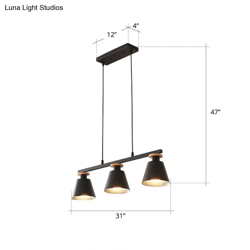 Black metal 3-light island pendant with conical shades and wooden accents by decorbites for dining room use compatible with 110v-120v and 220v-240v led incandescent fluorescent bulbs in black color