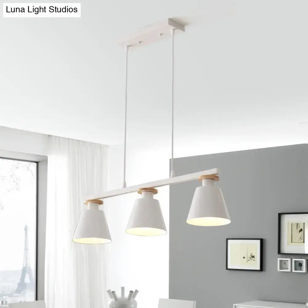 Modern white DecorBites metal 3-light island pendant with three conical shades and wooden accents for dining room 110v-120v