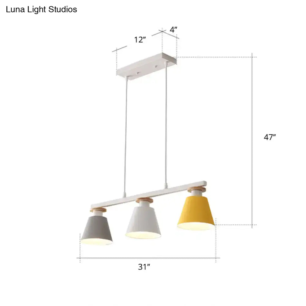 Modern three-light pendant with white metal frame and gray white yellow shades compatible with 110v-120v led bulbs