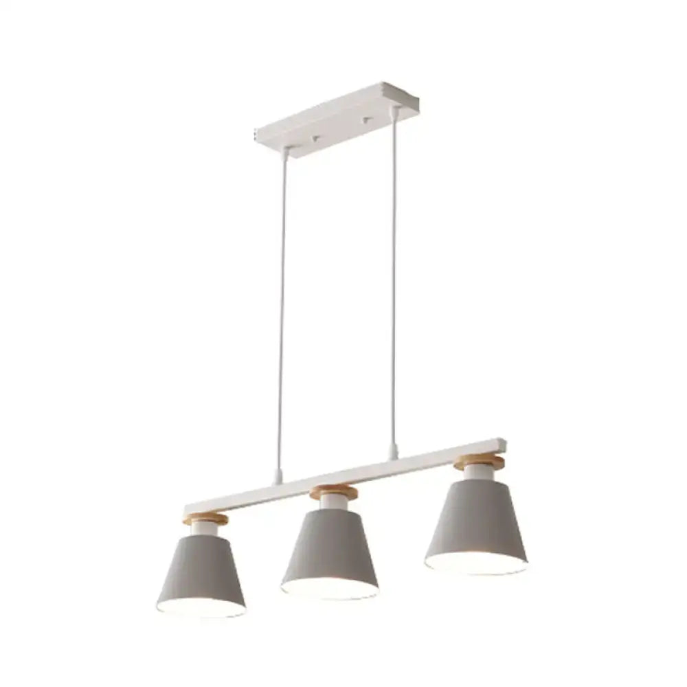 Modern white and gray three-light metal pendant lamp with wooden accents by DecorBites for dining room 110v-120v led incandescent fluorescent