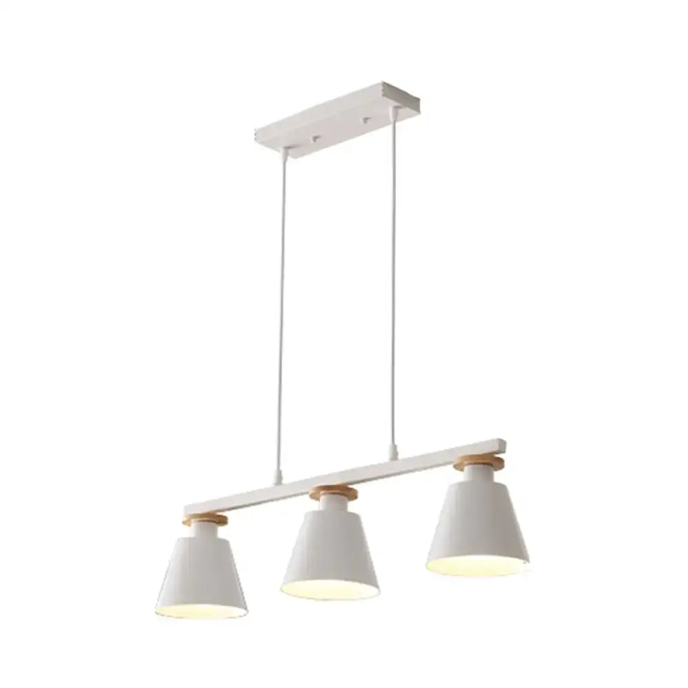 White metal 3-light island pendant with conical shades and wooden accents for dining room 110v-120v led lighting