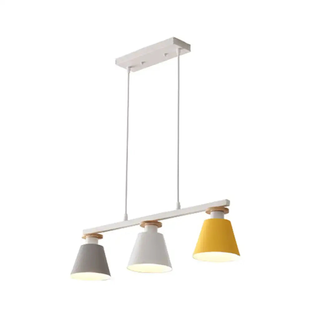 Modern three-light pendant lamp with white mount gray white and yellow conical shades for dining room 110v-120v led