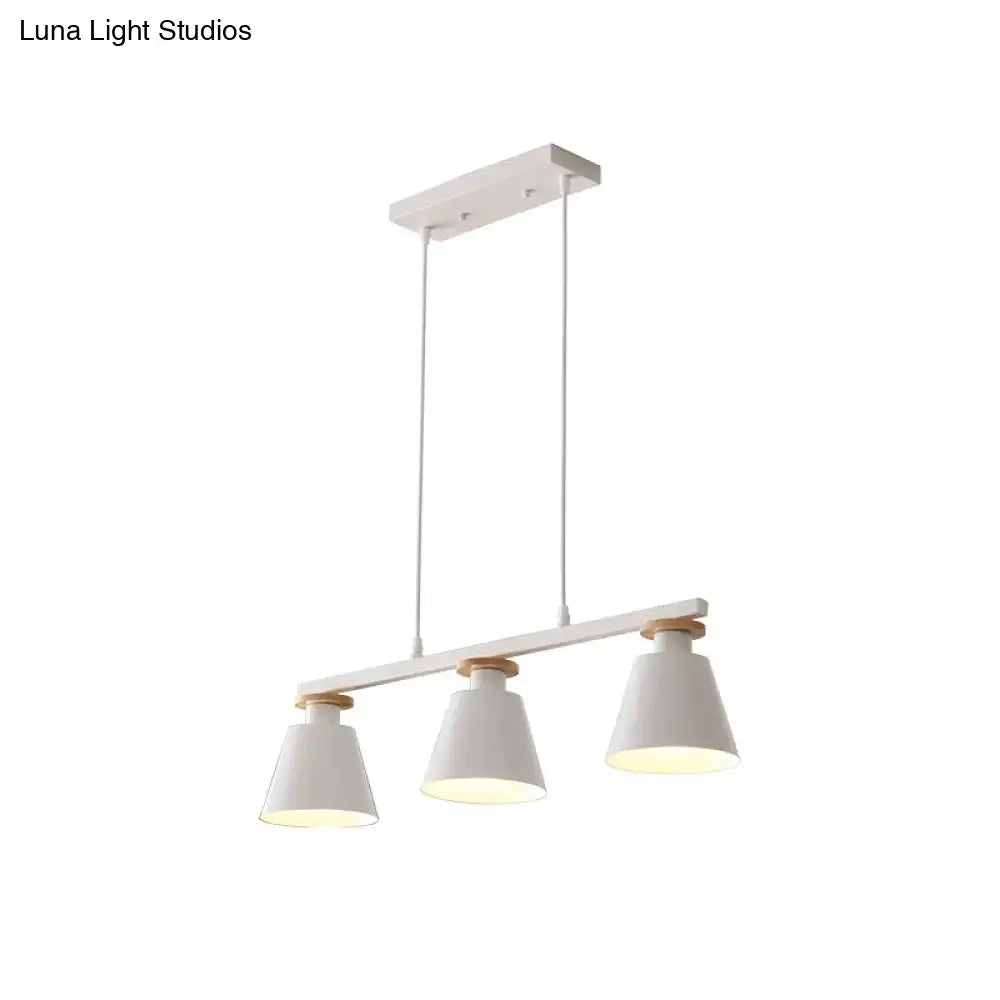 Decorbites metal 3-light island pendant with white minimalist conical shades and wooden accents for dining room lighting compatible with 110v-120v and led incandescent fluorescent bulbs