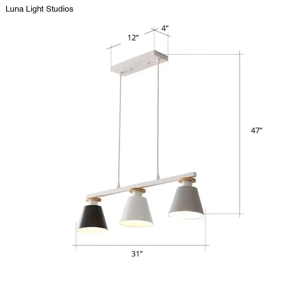 Modern three-light pendant fixture by decorbites with white black shades wooden accents for dining room 110v-120v led