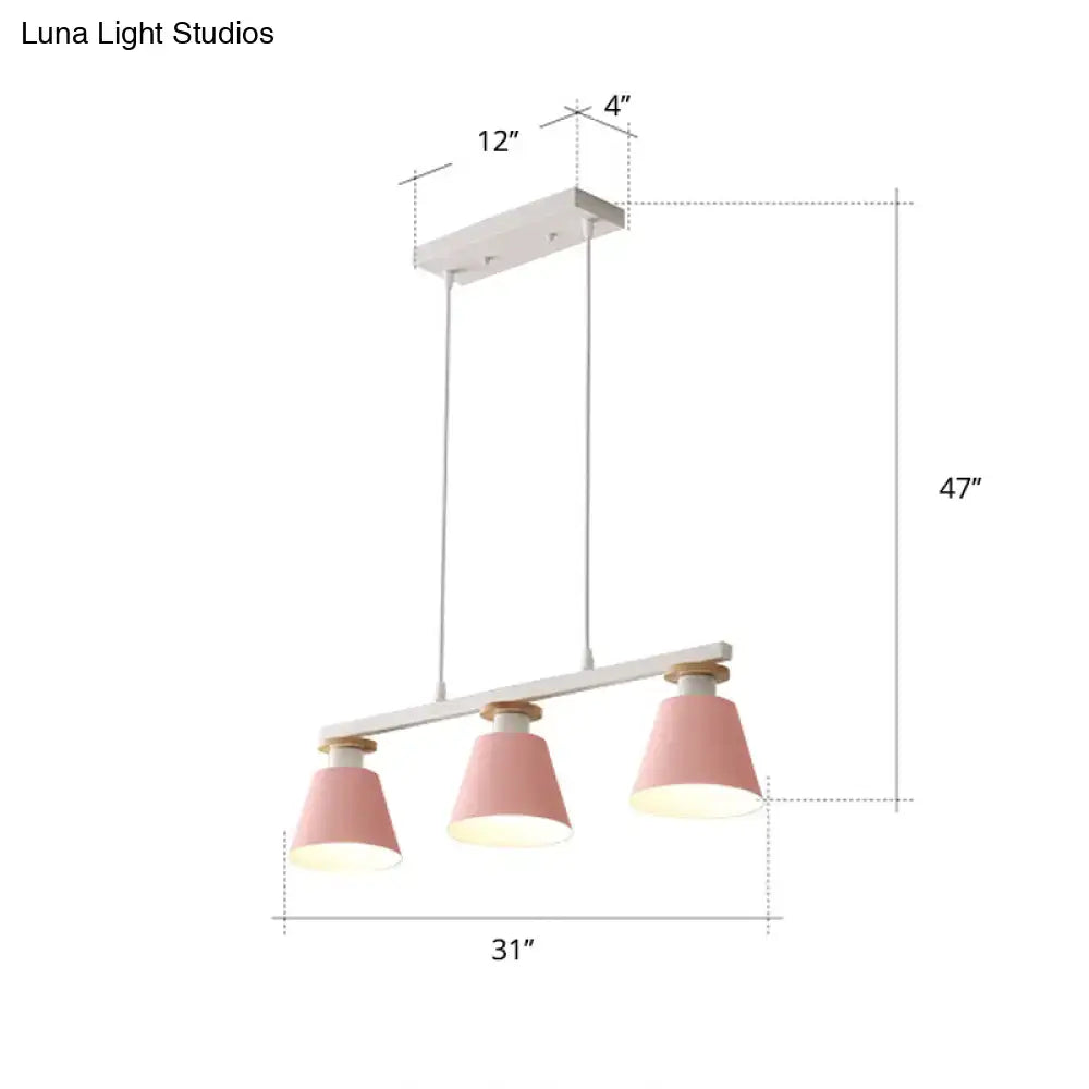 Pastel pink metal 3-light island pendant with conical lampshades on chains for dining room 110v-120v led use