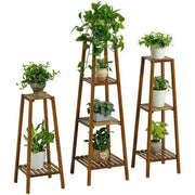 Decorbites metal 3-tier corner plant stand with three natural brown wooden slatted shelves for corner plant display