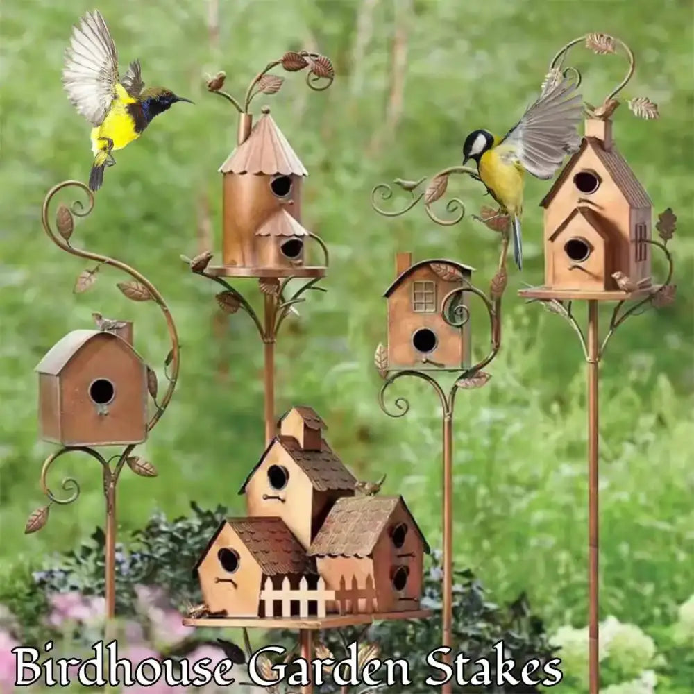 Decorbites™ copper-toned metal birdhouse garden stakes with ornate leafy scrollwork and multiple entry holes for outdoor decor