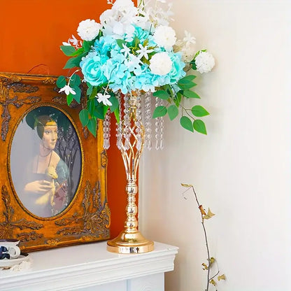 Elegant gold-toned metal flower vase with crystal accents and turquoise white artificial blooms for wedding centerpieces