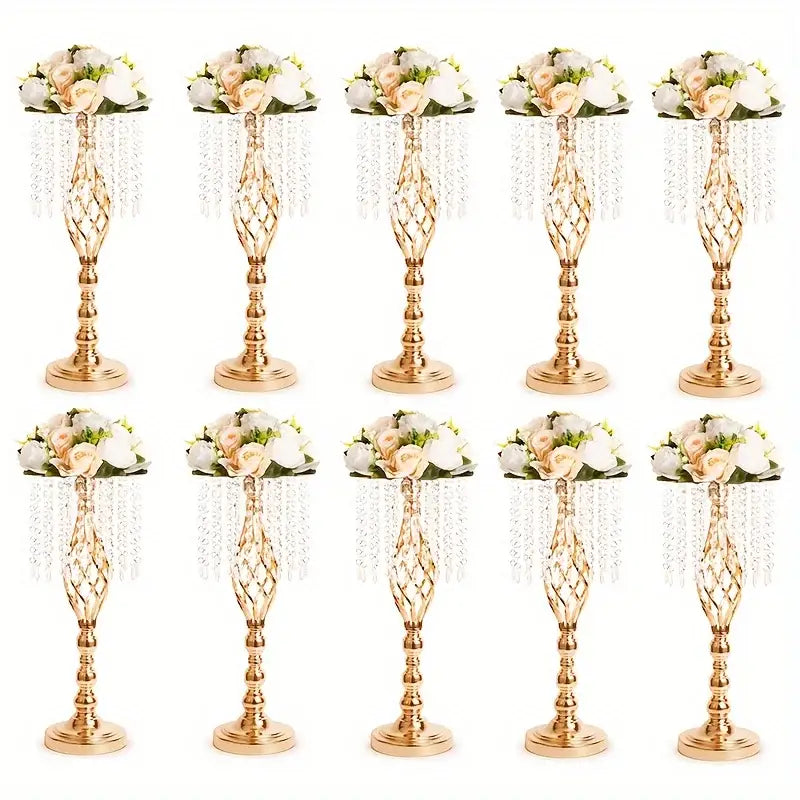DecorBites metal flower vases in gold with intricate lattice design topped with white and peach roses for wedding centerpieces