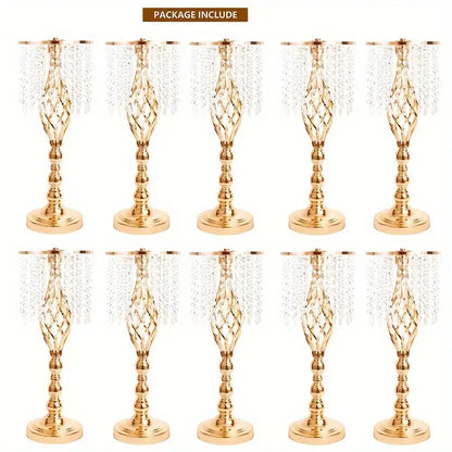 Gold-colored crystal chandelier candle holders with twisted lattice designs complement metal flower vases for weddings