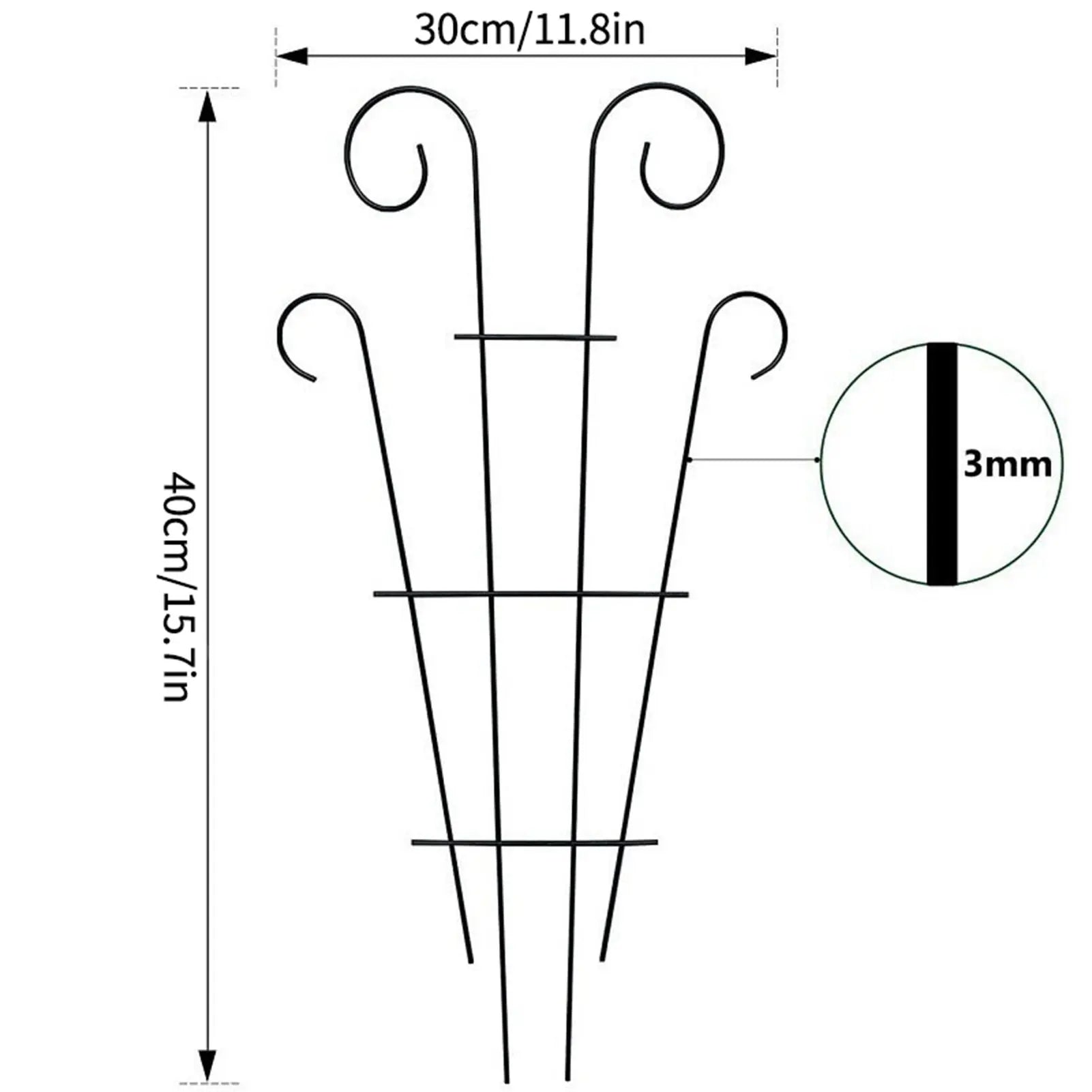 Black wrought iron metal garden plant stand with ornate curved tops and horizontal crossbars for indoor outdoor use