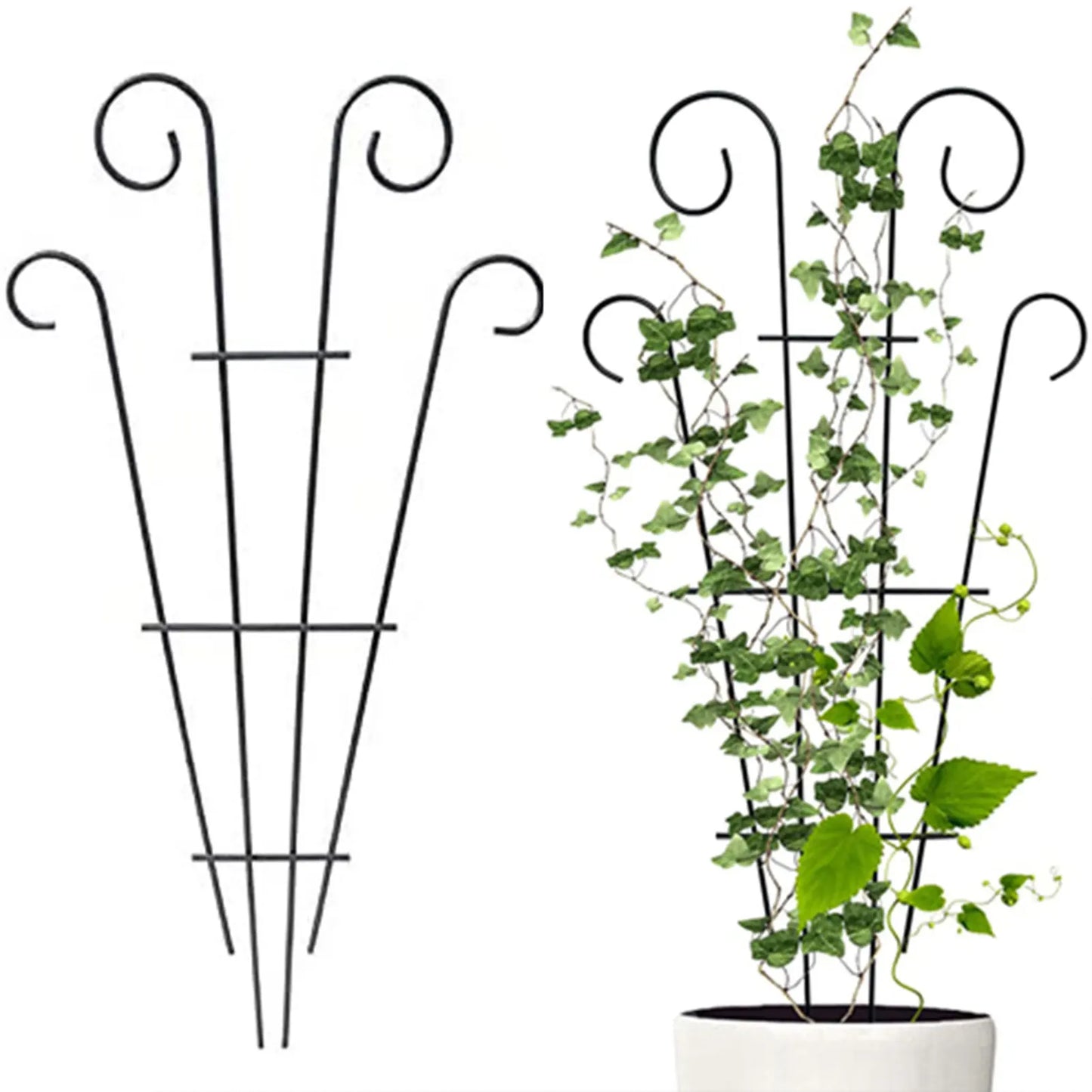 Black wrought iron metal garden plant stand with elegant curved tops for indoor and outdoor use by DecorBites™