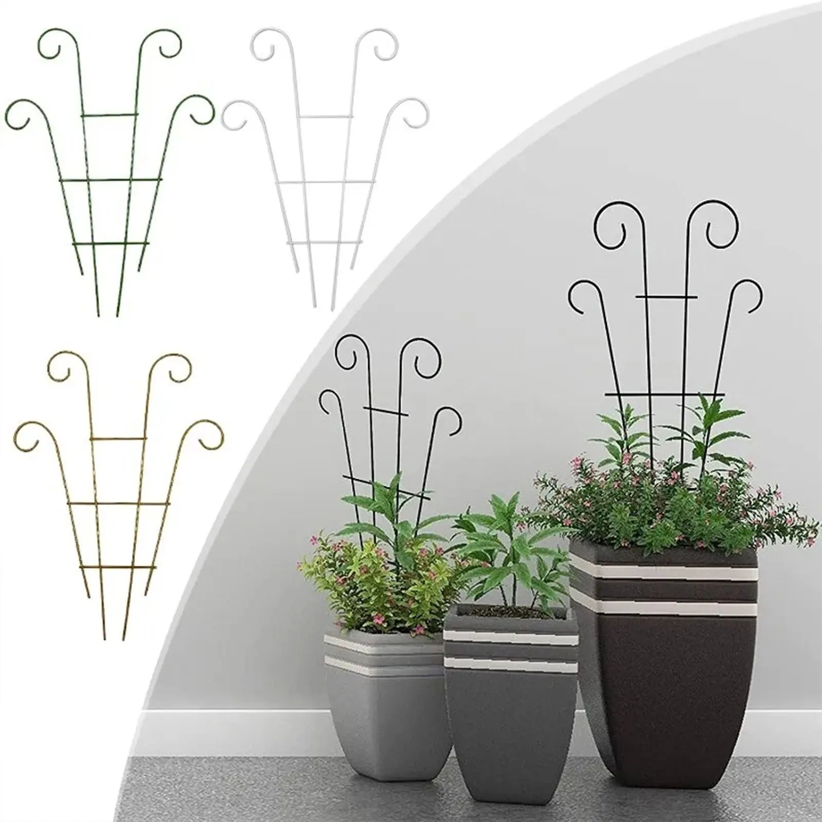 Black wrought iron metal garden plant stand with curved decorative top and grid design for indoor and outdoor use