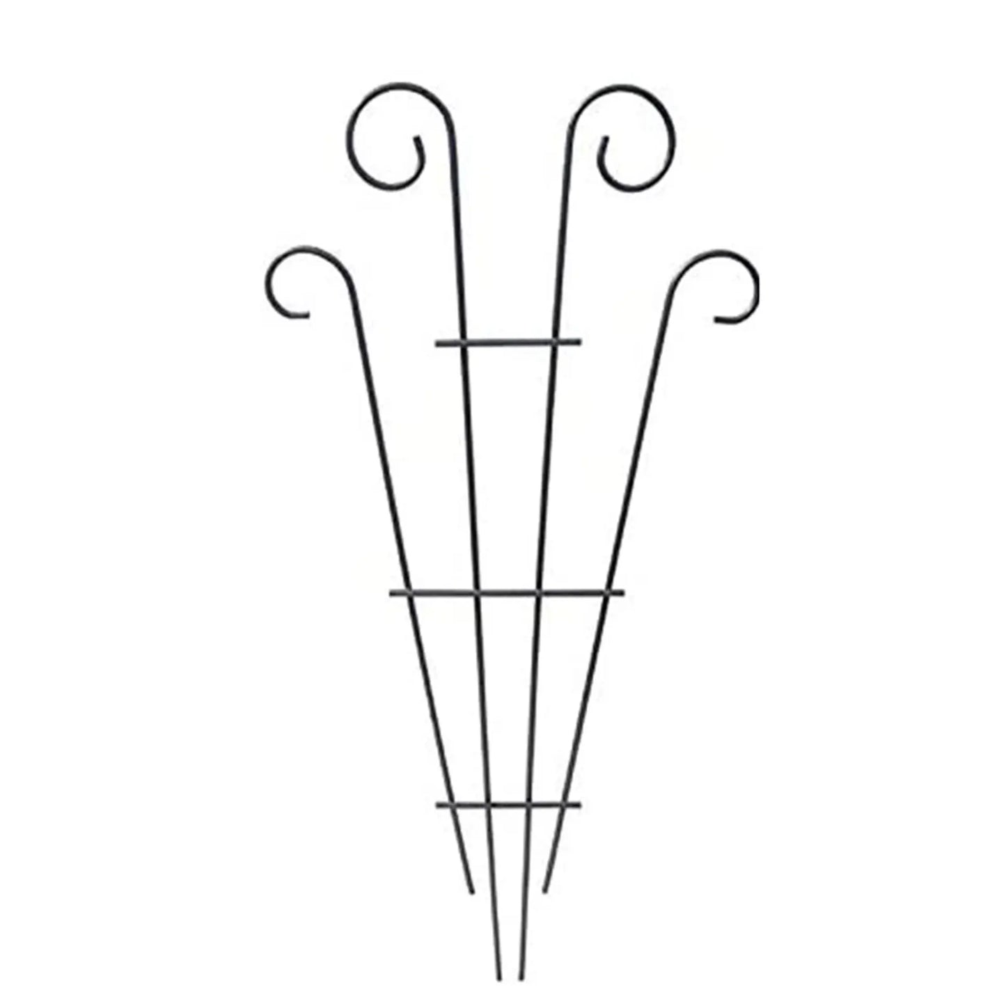 Black wrought iron metal garden plant stand with elegant curved tops and vertical support bars for indoor and outdoor use