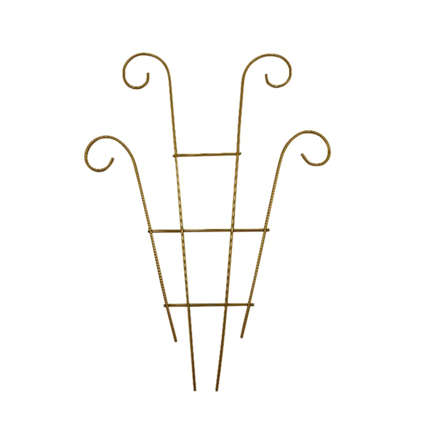 Gold-colored metal garden plant stand with three curved ornate tops for indoor and outdoor plant growth from decorbites