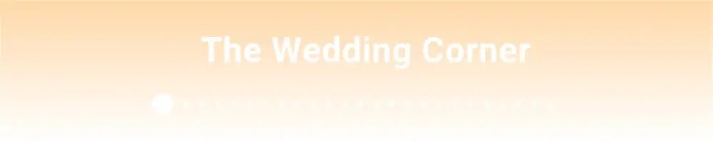 The wedding corner logo with elegant white text on a peach to pale yellow background for a metal golden flower stand candle holder