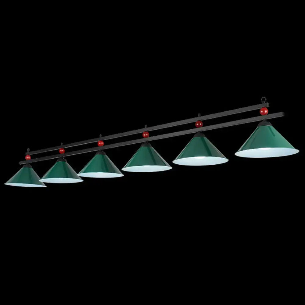 Decorbites metal hanging island light with green conical shades and red accents on black metal bar for industrial decor
