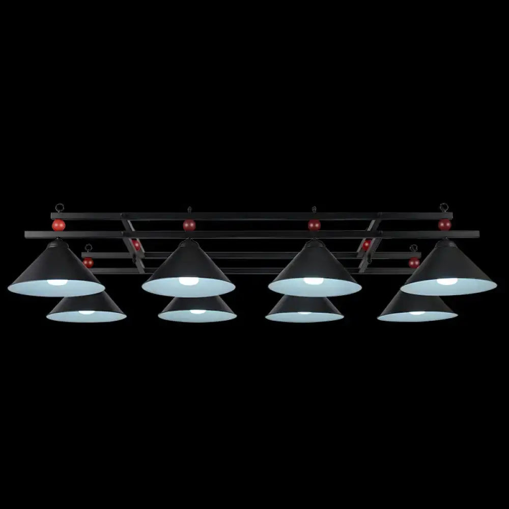 DecorBites metal hanging island light with black metal frame six conical shades and red spherical accents industrial style