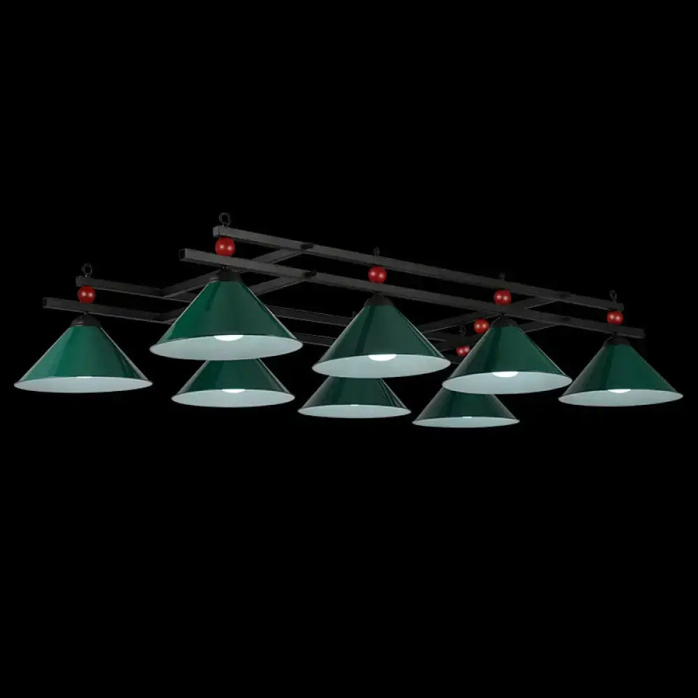 Green conical metal hanging island light with red spherical accents for industrial billiard club pendant lighting