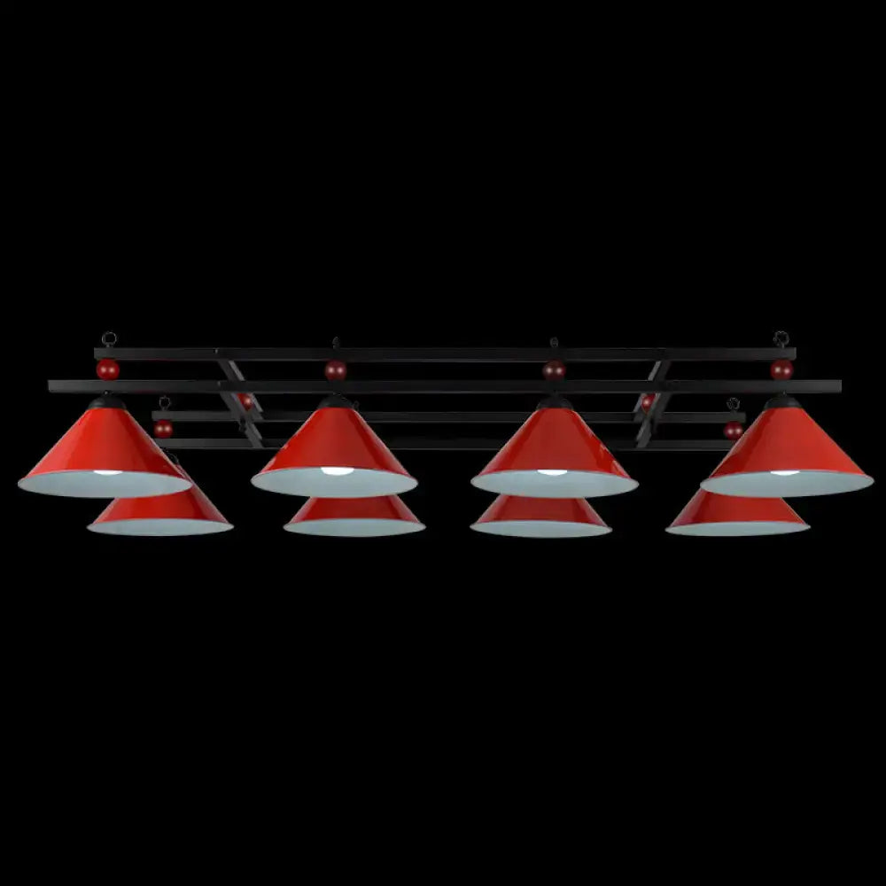 DecorBites metal hanging island light with red conical pool table shades black metal frame and red spherical accents