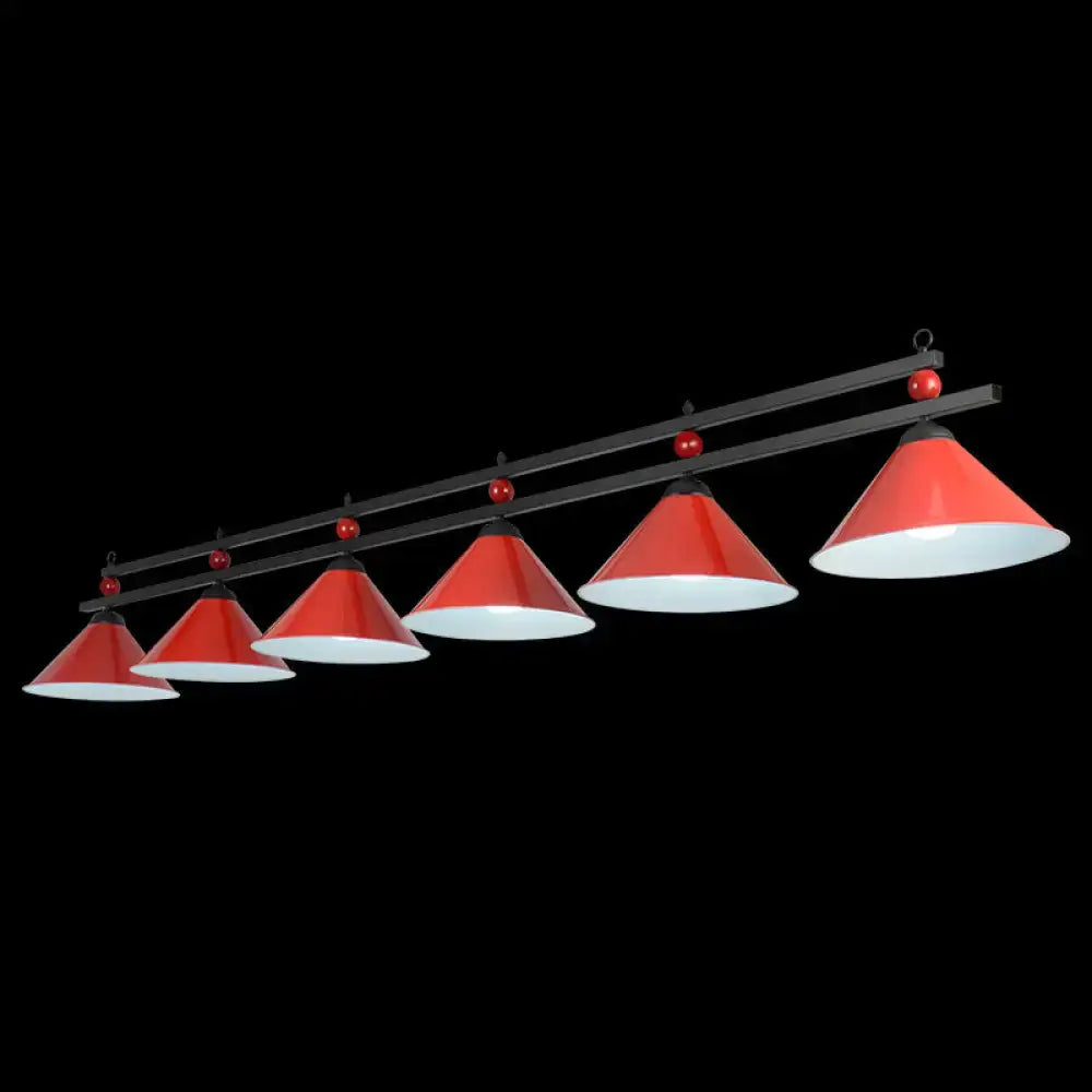 Red and white conical metal hanging island light with black frame and red spherical accents for industrial decor