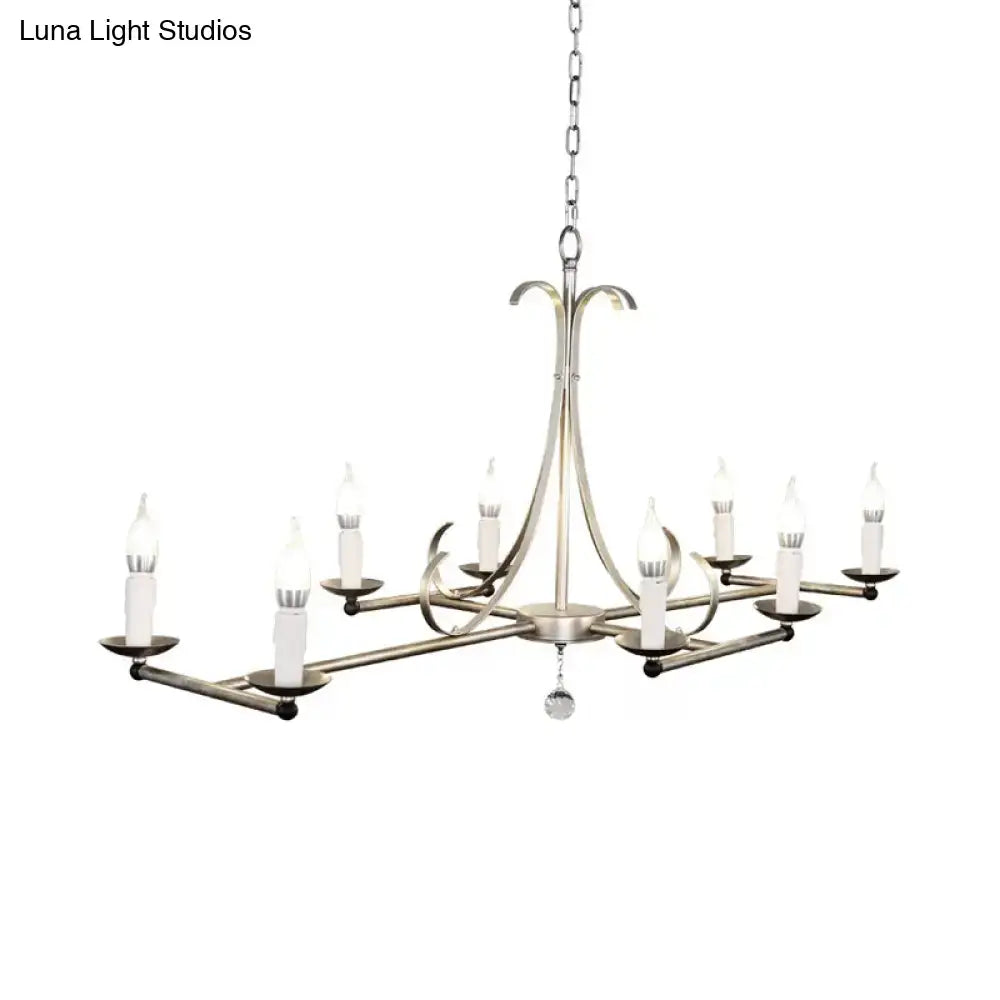 DecorBites metal island chandelier light with brushed nickel finish, eight traditional candle bulbs, and crystal droplet