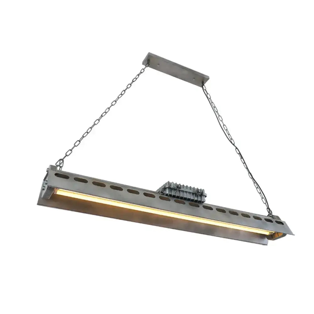 Industrial-style stainless steel metal island lighting fixture with perforated sides and warm led illumination for restaurant billiard use