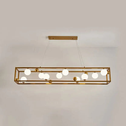 Gold-toned rectangular DecorBites metal pendant light with multiple frosted milk glass shade globes for industrial dining rooms