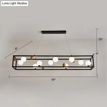 Black metal rectangular chandelier with nine milk glass shade bulbs and gold accents for industrial dining rooms