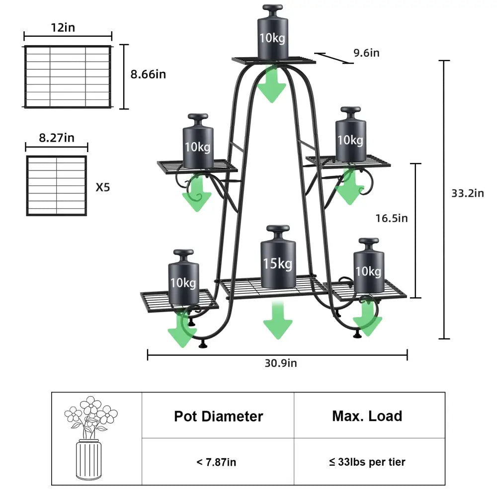 DecorBites™ metal plant stand black 6 tier display rack with curved supports and wire mesh shelves for plants
