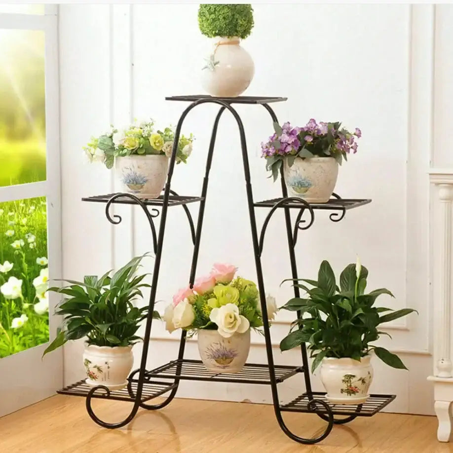Decorbites™ metal plant stand with black wrought iron curved legs and six tiers holding ceramic floral pots