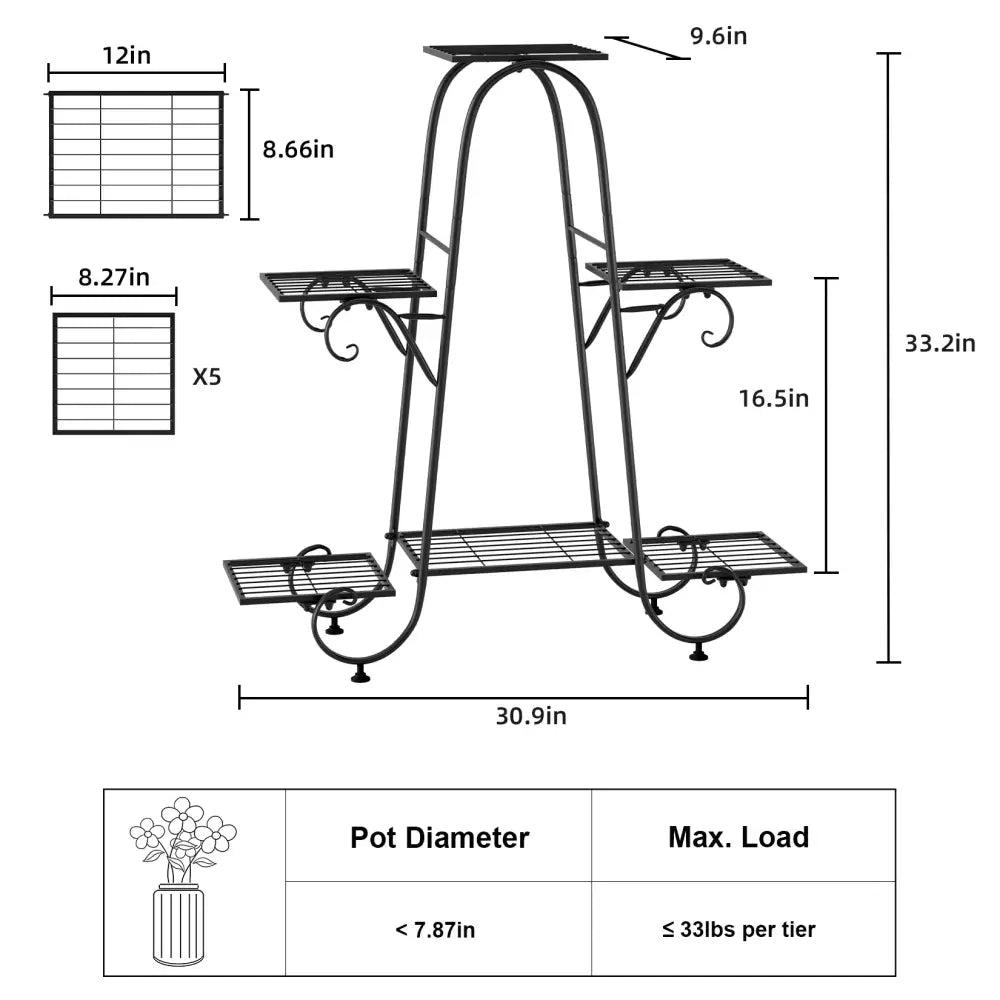 Decorbites™ metal plant stand with four tier black wrought iron design and decorative scrollwork for indoor display