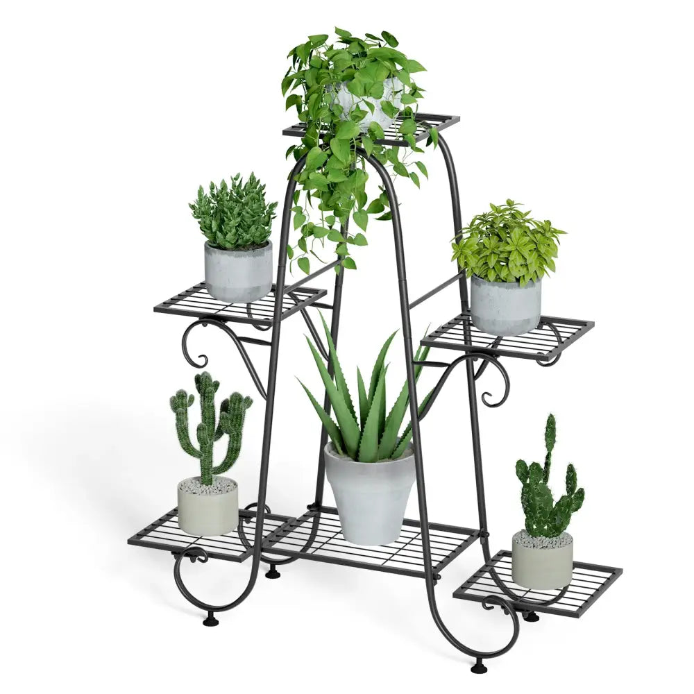 Decorbites metal plant stand is a black wrought iron 6 tier display rack with ornate curved legs holding green plants