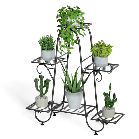 Decorbites metal plant stand is a black wrought iron 6 tier display rack with ornate curved legs holding green plants