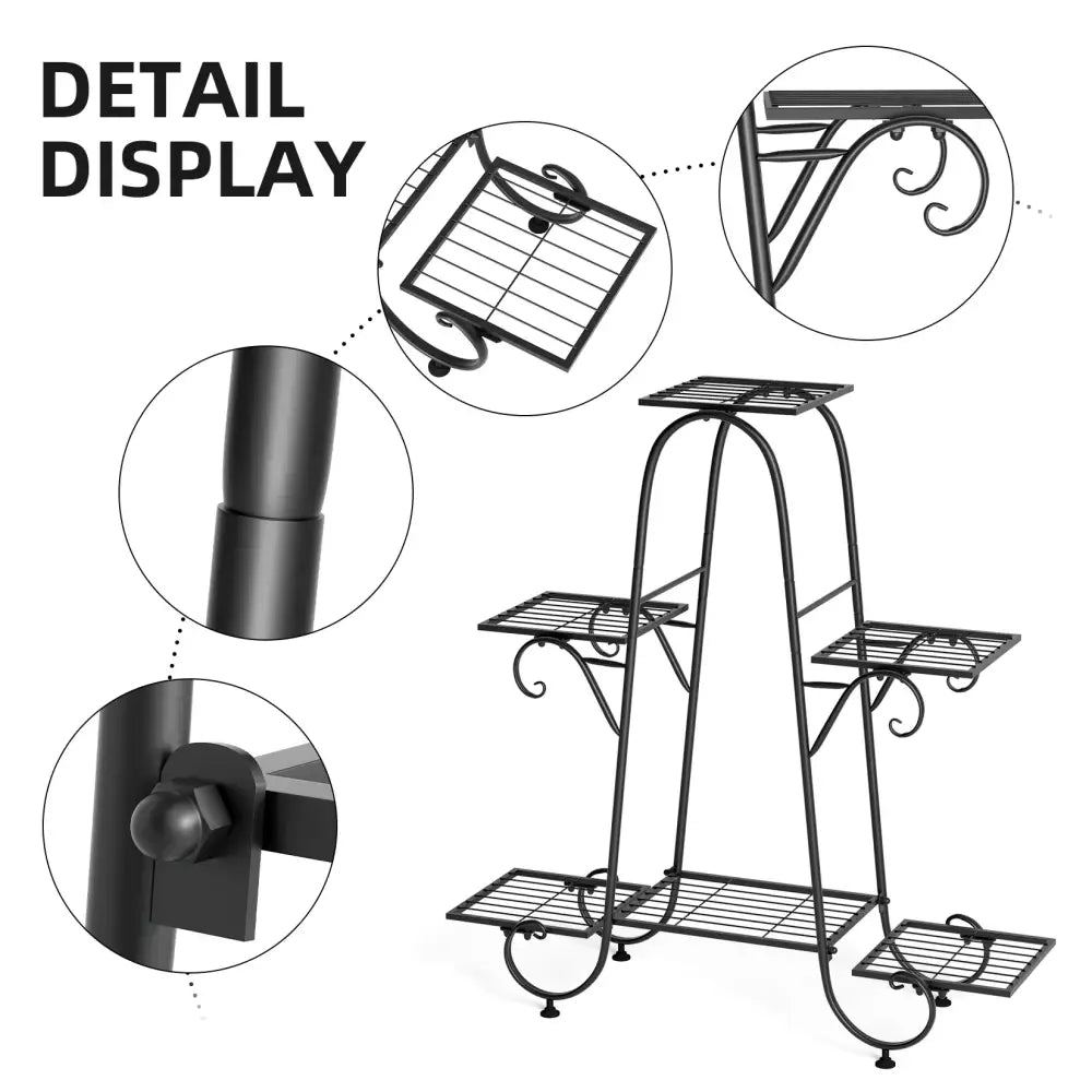 Black wrought iron metal plant stand with ornate scrollwork and six tiered shelves for display by DecorBites™