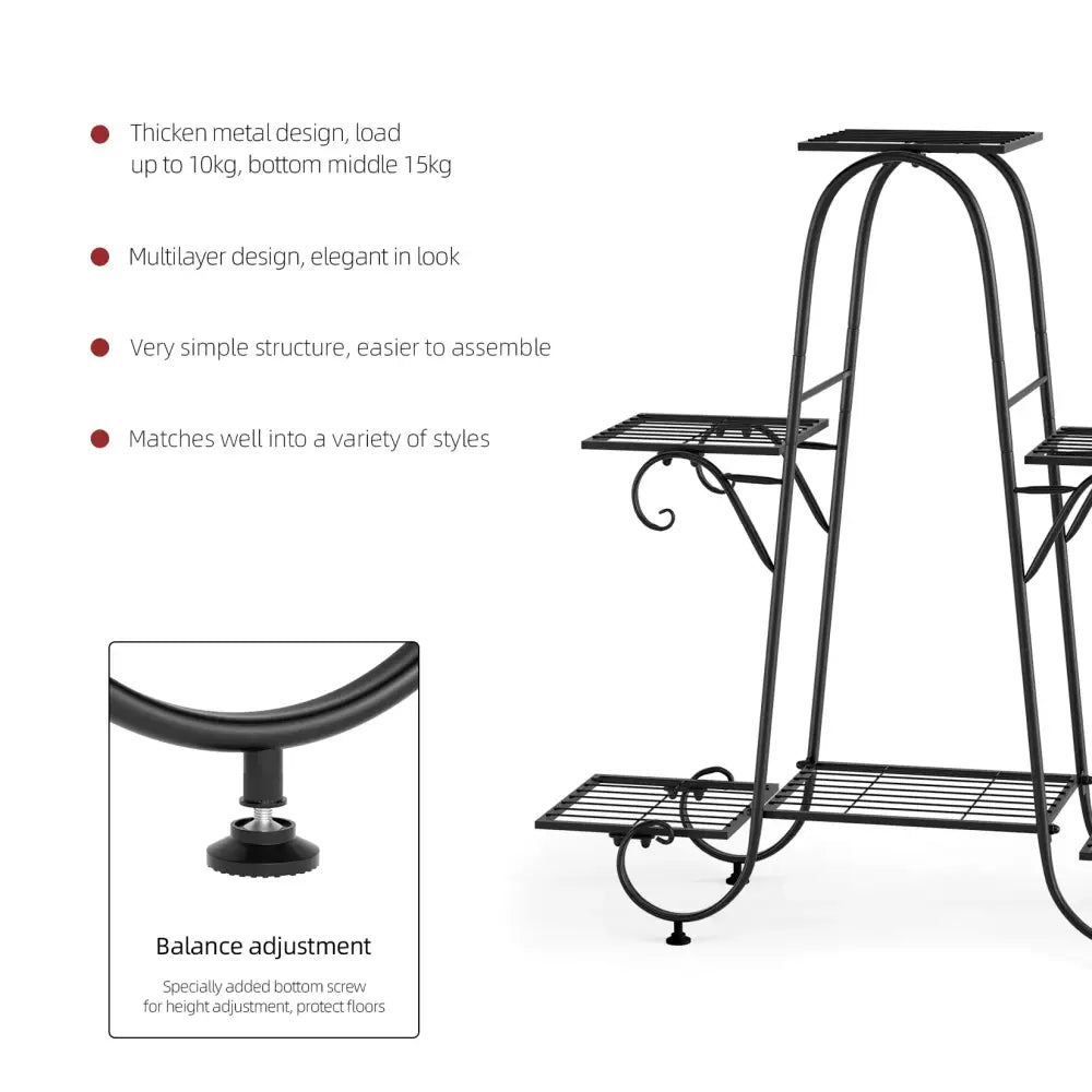 Decorbites™ black wrought iron metal plant stand with three tiers and decorative scrollwork for display use