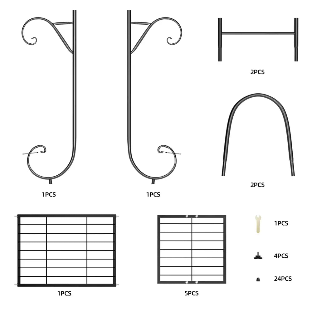 Black wrought iron decorbites metal plant stand with ornate scrollwork and grid panels for six tier display rack