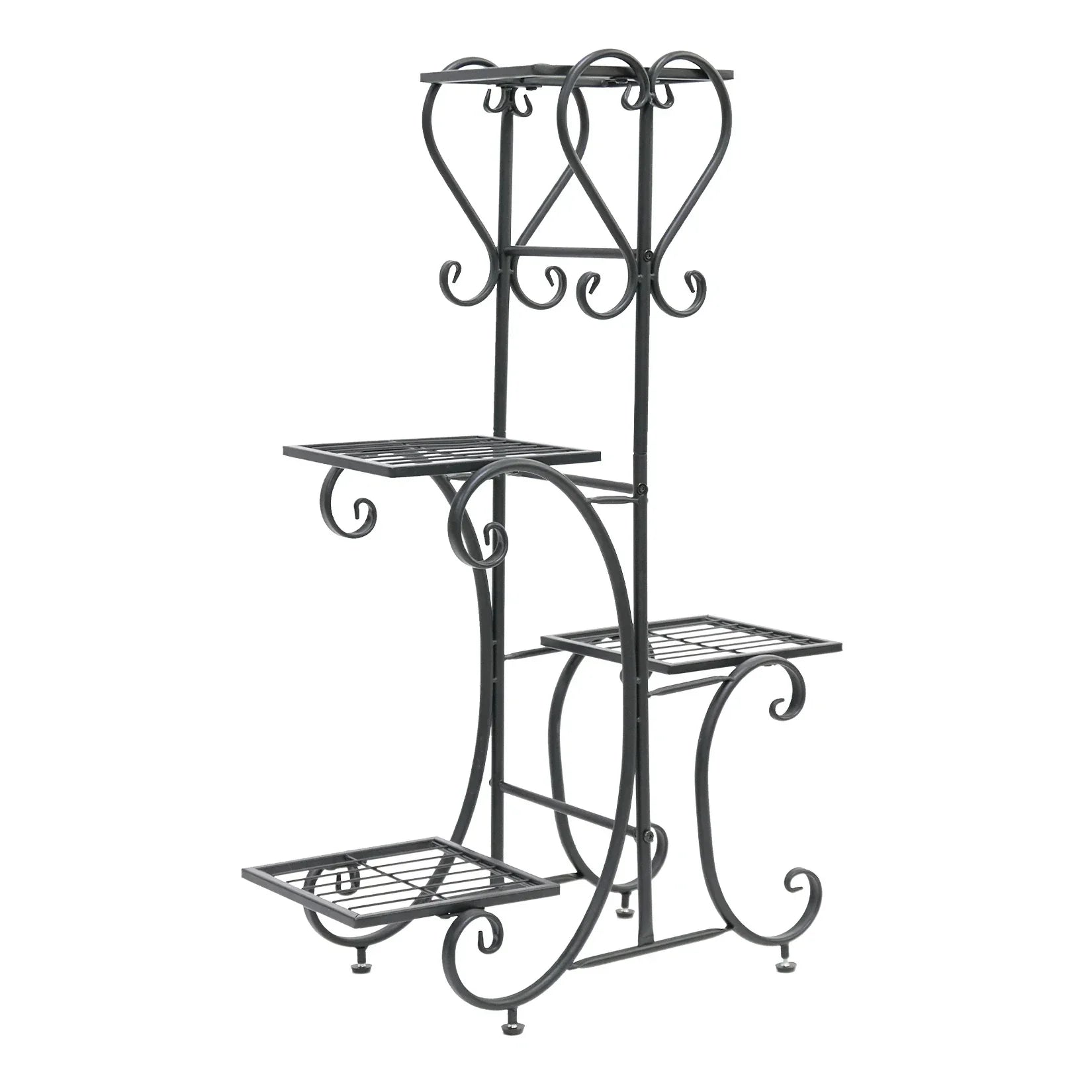 Black wrought iron metal plant stand with ornate scrollwork and three tiered shelves for 4 flower pots by DecorBites