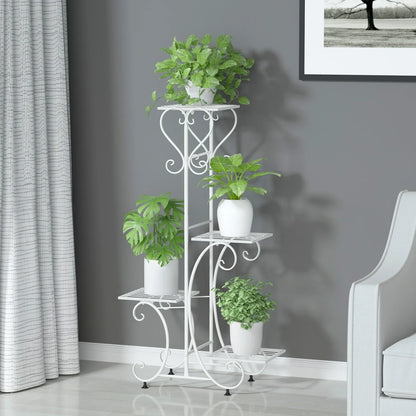 White wrought iron metal plant stand with ornate scrollwork and four tiers for holding four flower pots by DecorBites