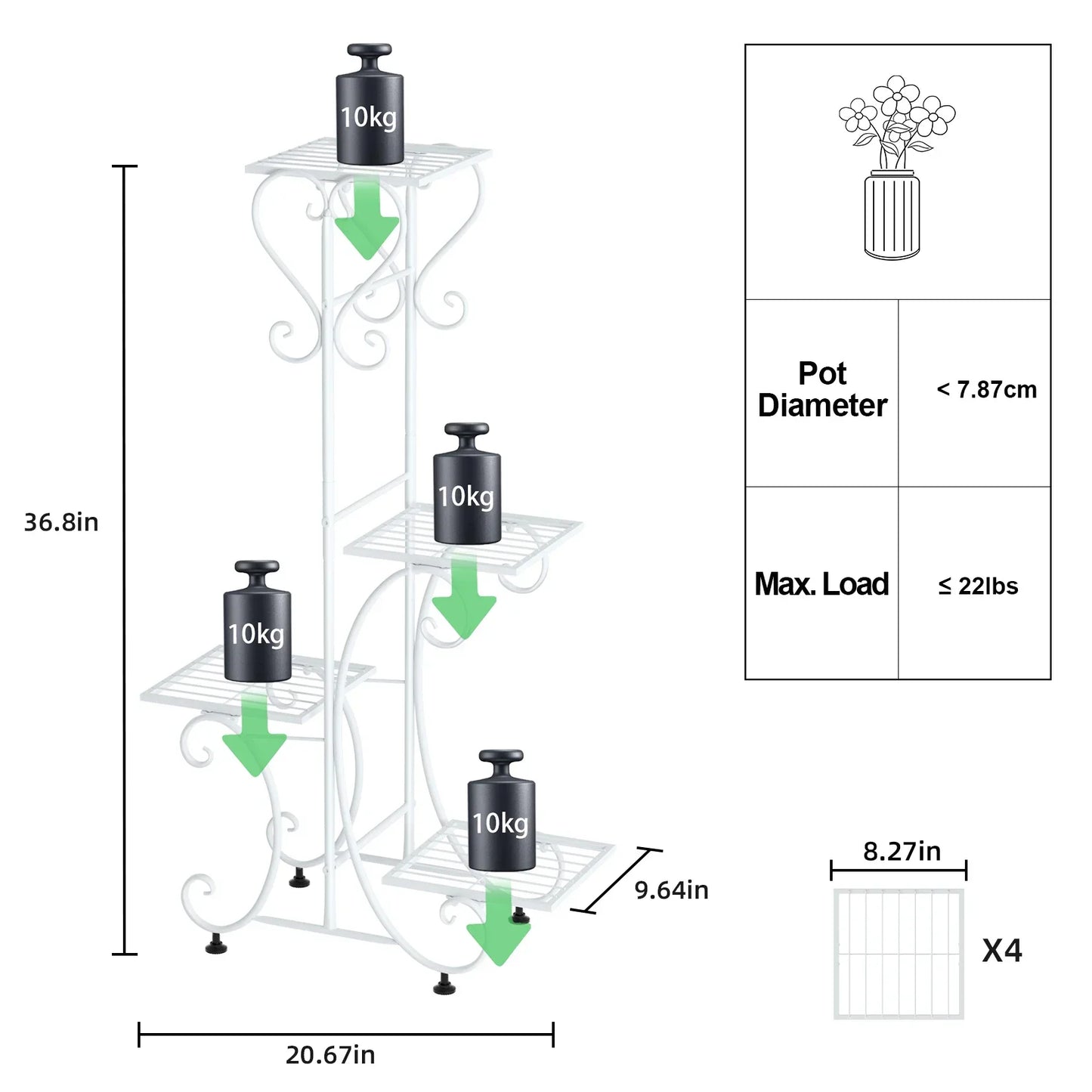 White wrought iron metal plant stand with four tiers and decorative scrollwork for flower pots by decorbites